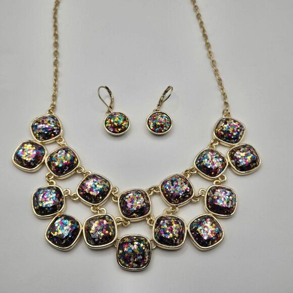 Betsey Johnson Liz Claiborne Rainbow Sparkle Bib Necklace Earrings Gold Tone Set - Picture 2 of 12